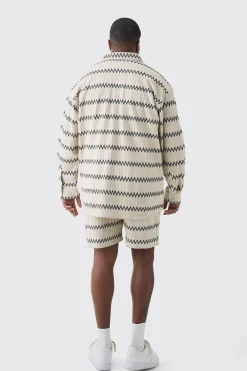 Plus Oversized Zig Zag Woven Shirt And Short Set In Ecru | BoohooMAN UK