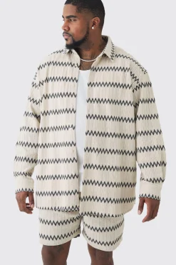Plus Oversized Zig Zag Woven Shirt And Short Set In Ecru | BoohooMAN UK