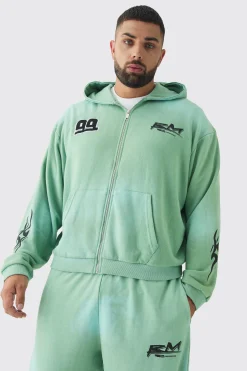 Plus Oversized Zip Thru Heavy Washed Applique Hoodie | BoohooMAN UK