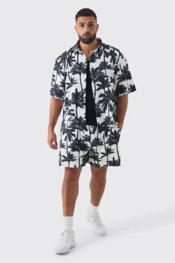 Plus Palm Printed Oversized Short Sleeve Pleated Shirt & Short Set | BoohooMAN UK