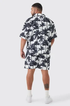 Plus Palm Printed Oversized Short Sleeve Pleated Shirt & Short Set | BoohooMAN UK