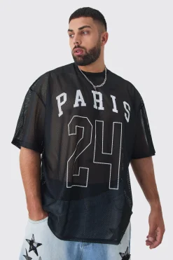 Plus Paris Printed Mesh Basketball T-shirt In Black | BoohooMAN UK
