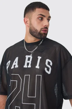 Plus Paris Printed Mesh Basketball T-shirt In Black | BoohooMAN UK