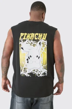 Plus Pikachu Printed License Tank In Black | BoohooMAN UK