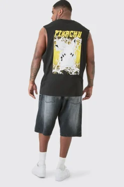Plus Pikachu Printed License Tank In Black | BoohooMAN UK