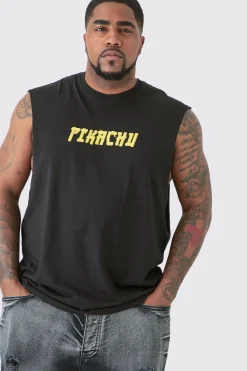 Plus Pikachu Printed License Tank In Black | BoohooMAN UK