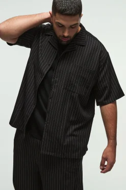 Plus Pinstripe Revere Shirt & Relaxed Trouser Set | BoohooMAN UK