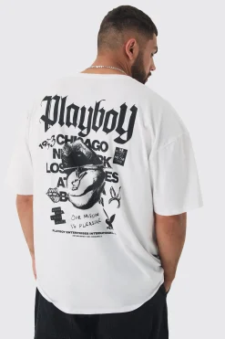 Plus Playboy Back Printed Licensed T-shirt In White | BoohooMAN UK