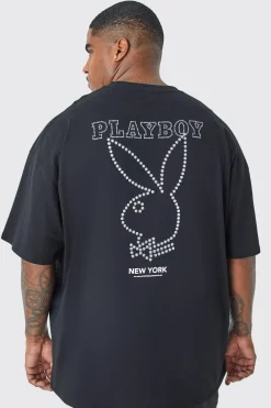 Plus Playboy Rhinestone License T-shirt | BoohooMAN UK