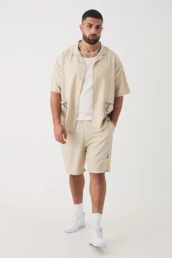 Plus Pocket Detail Smart Linen Look Shirt & Short Set | BoohooMAN UK