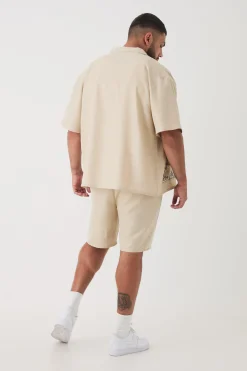 Plus Pocket Detail Smart Linen Look Shirt & Short Set | BoohooMAN UK