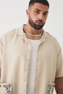 Plus Pocket Detail Smart Linen Look Shirt & Short Set | BoohooMAN UK