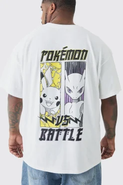 Plus Pokemon Battle Printed Licensed Back Print T-shirt In Ecru | BoohooMAN UK
