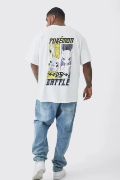 Plus Pokemon Battle Printed Licensed Back Print T-shirt In Ecru | BoohooMAN UK