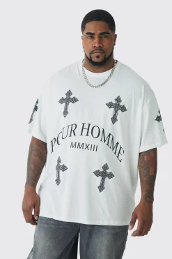 Plus Pour Homme Cross Printed T-shirt In White | BoohooMAN UK