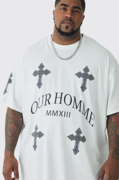 Plus Pour Homme Cross Printed T-shirt In White | BoohooMAN UK