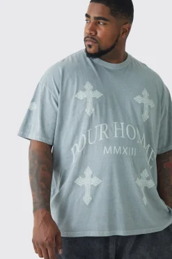 Plus Pour Homme Cross Printed T-shirt In Grey | BoohooMAN UK
