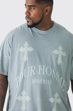 Plus Pour Homme Cross Printed T-shirt In Grey | BoohooMAN UK