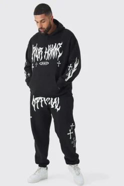 Plus Pour Homme Cross Print Tracksuit In Black | BoohooMAN UK
