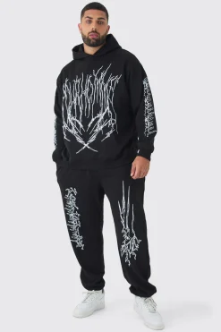Plus Pour Homme Cross Print Oversized Tracksuit In Black | BoohooMAN UK