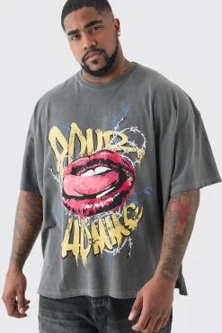 Plus Pour Homme Lips T-shirt In Acid Wash | BoohooMAN UK