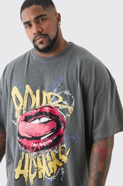 Plus Pour Homme Lips T-shirt In Acid Wash | BoohooMAN UK