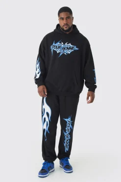 Plus Pour Homme Print Tracksuit In Black | BoohooMAN UK