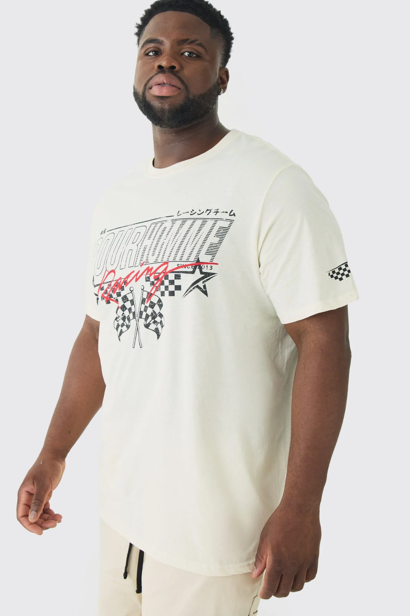 Plus Pour Homme Racing Print T-shirt | BoohooMAN UK