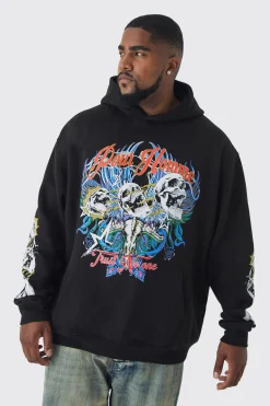Plus Pour Homme Skull Print Oversized Hoodie | BoohooMAN UK