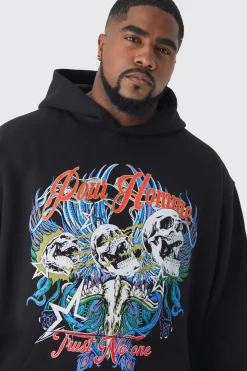 Plus Pour Homme Skull Print Oversized Hoodie | BoohooMAN UK