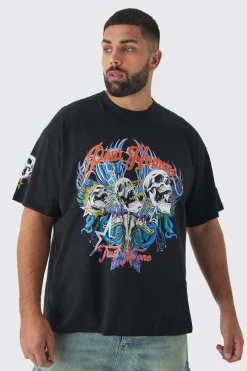 Plus Pour Homme Skull Print Oversized T-shirt In Black | BoohooMAN UK