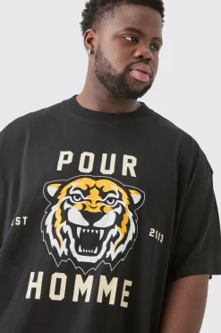 Plus Pour Homme Tiger Graphic Oversized T-shirt | BoohooMAN UK