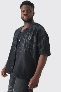Plus Printed Embroidery Denim Shirt | BoohooMAN UK