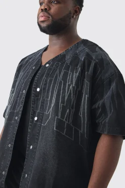 Plus Printed Embroidery Denim Shirt | BoohooMAN UK