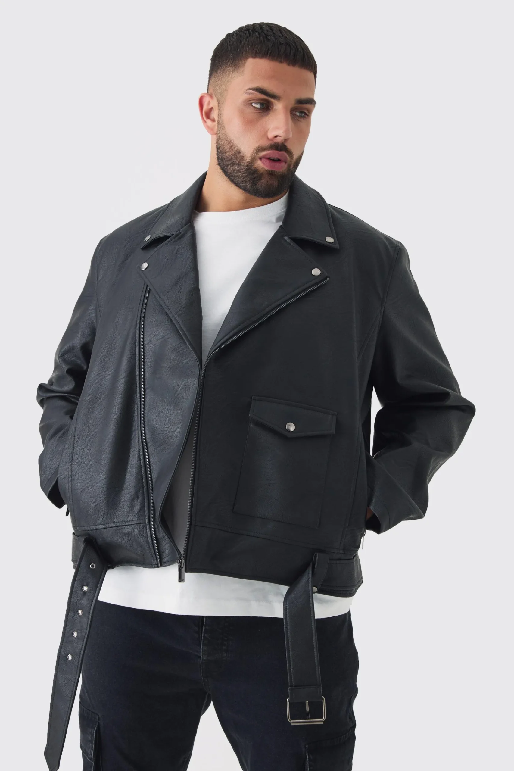 Plus PU Biker Jacket In Black | BoohooMAN UK