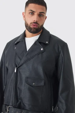 Plus PU Biker Jacket In Black | BoohooMAN UK