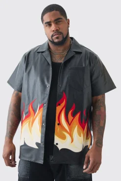 Plus PU Flame Print Shirt | BoohooMAN UK