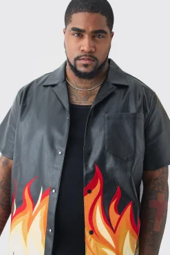 Plus PU Flame Print Shirt | BoohooMAN UK