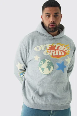 Plus Puff Print Off The Grid Overdyed Hoodie | BoohooMAN UK