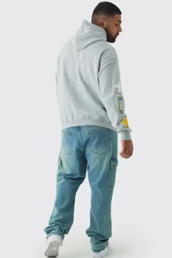 Plus Puff Print Off The Grid Overdyed Hoodie | BoohooMAN UK