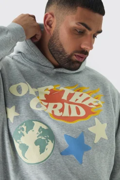 Plus Puff Print Off The Grid Overdyed Hoodie | BoohooMAN UK