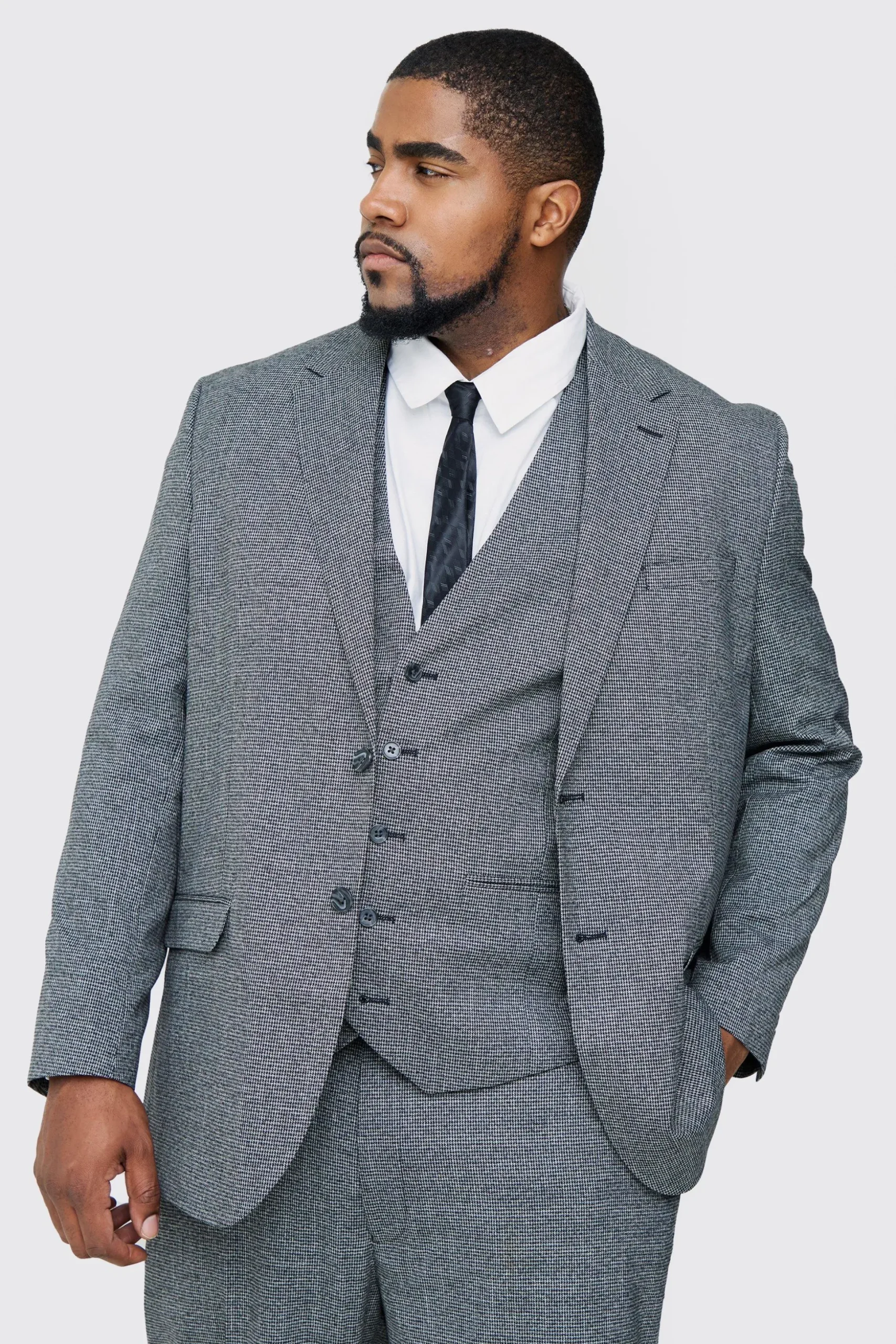 Plus Regular Fit Mini Dogtooth Suit In Grey | BoohooMAN UK
