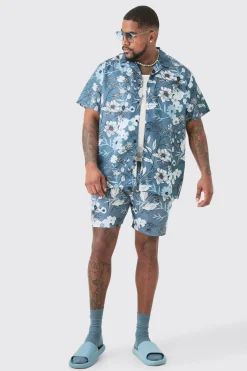 Plus Regular Floral Print Shirt & Swim Short Set | BoohooMAN UK