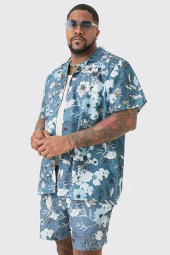 Plus Regular Floral Print Shirt & Swim Short Set | BoohooMAN UK