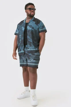 Plus Regular Landscape Grayscale Print Shirt & Swim Short Set | BoohooMAN UK