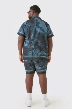 Plus Regular Landscape Grayscale Print Shirt & Swim Short Set | BoohooMAN UK