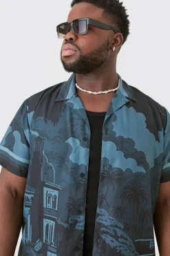 Plus Regular Landscape Grayscale Print Shirt & Swim Short Set | BoohooMAN UK