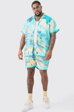 Plus Regular Landscape Print Shirt & Swim Short Set | BoohooMAN UK