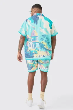 Plus Regular Landscape Print Shirt & Swim Short Set | BoohooMAN UK