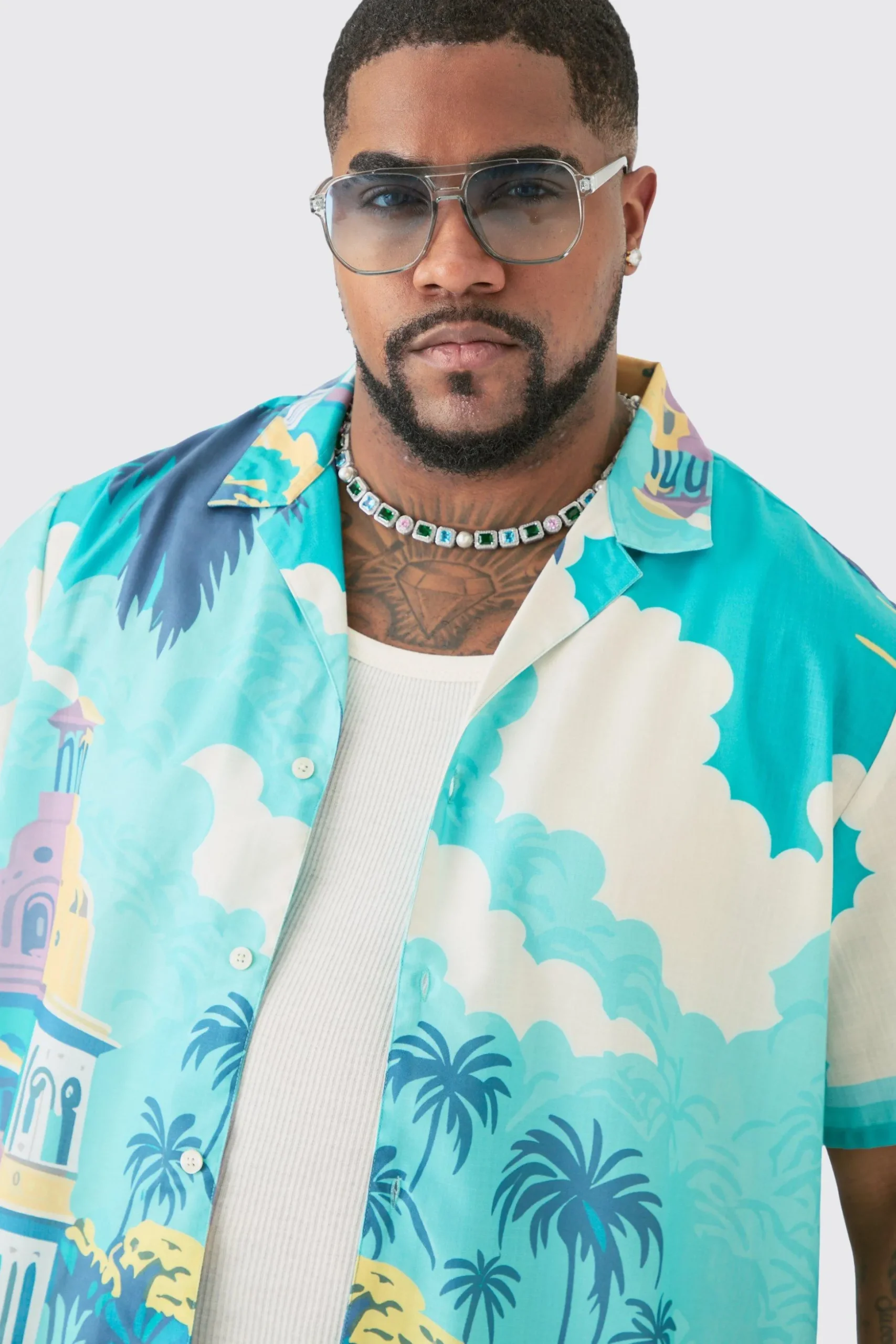 Plus Regular Landscape Print Shirt & Swim Short Set | BoohooMAN UK